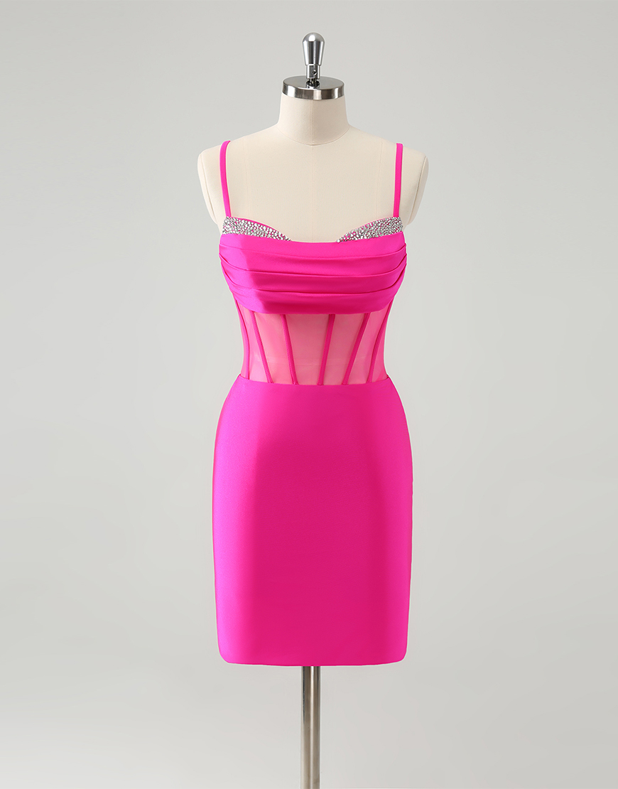Glitter Fuchsia Beaded Spaghetti Straps Corset Tight Homecoming Dress 