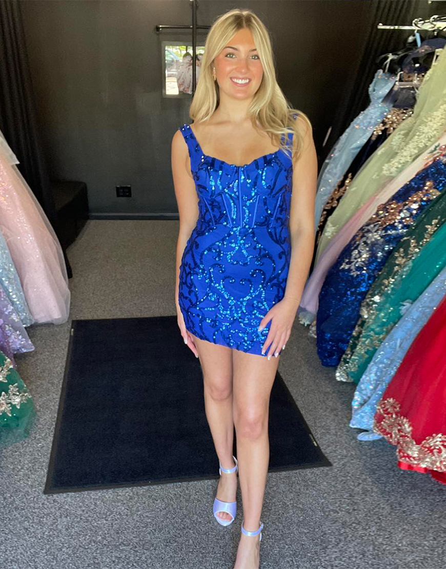 Sparkly Royal Blue Tight Sequined Embroidery Homecoming Dress