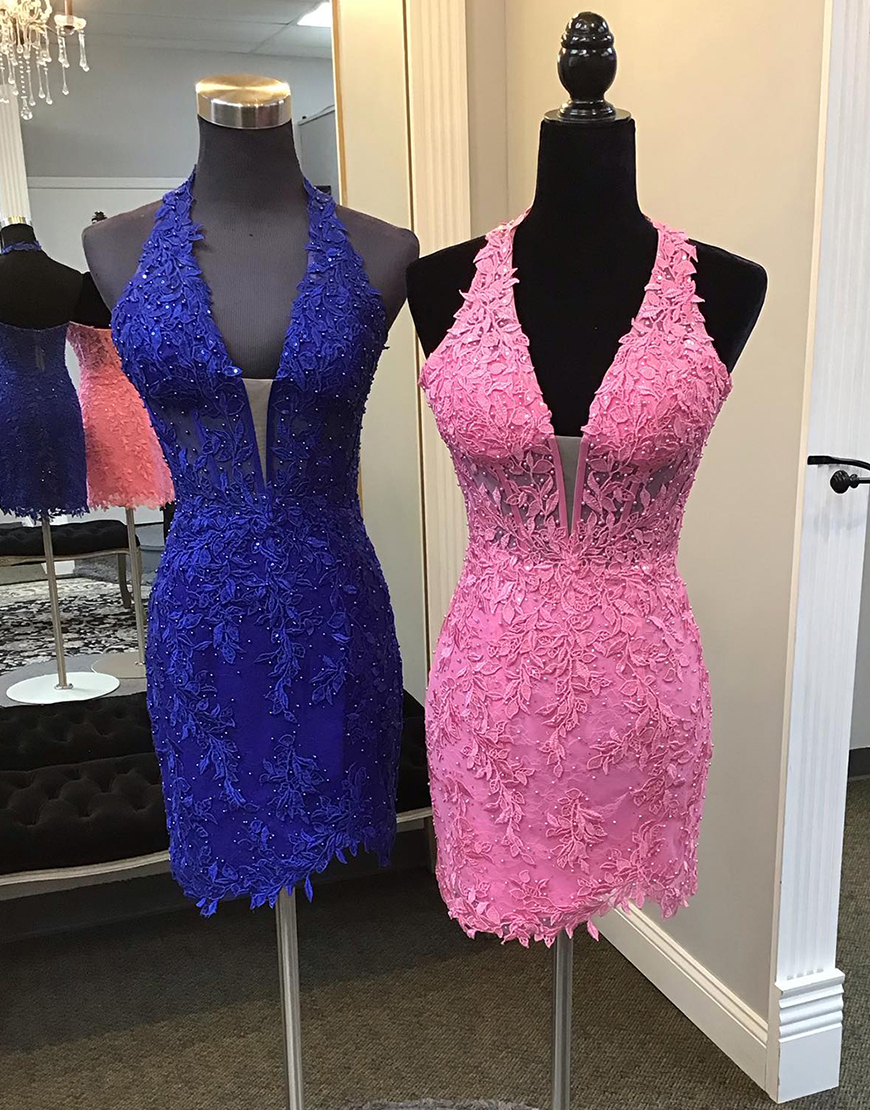 Glitter Royal Blue Halter Beaded Tight Homecoming Dress with Appliques