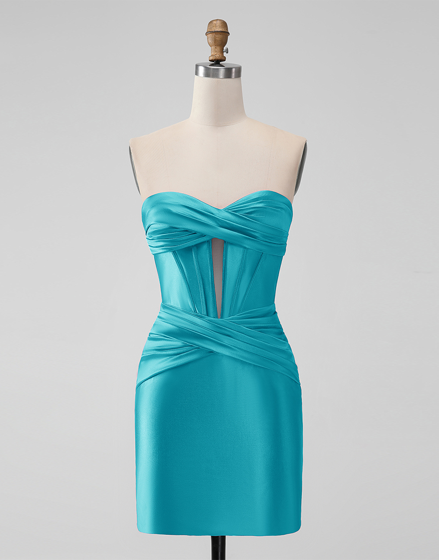 Turquoise Satin Strapless Tight Short Homecoming Dress