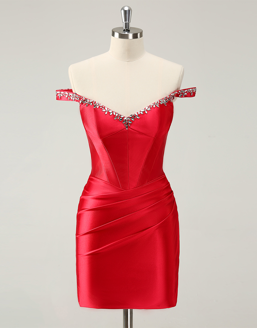 Glitter Red Beaded Off-the-Shoulder Tight Homecoming Dress 