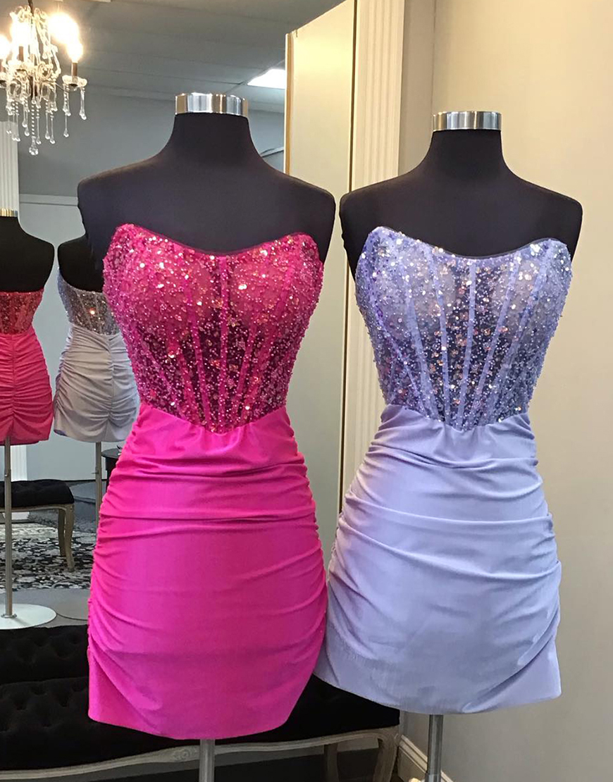 Glitter Fuchsia Beaded Strapless Tight Corset Homecoming Dress