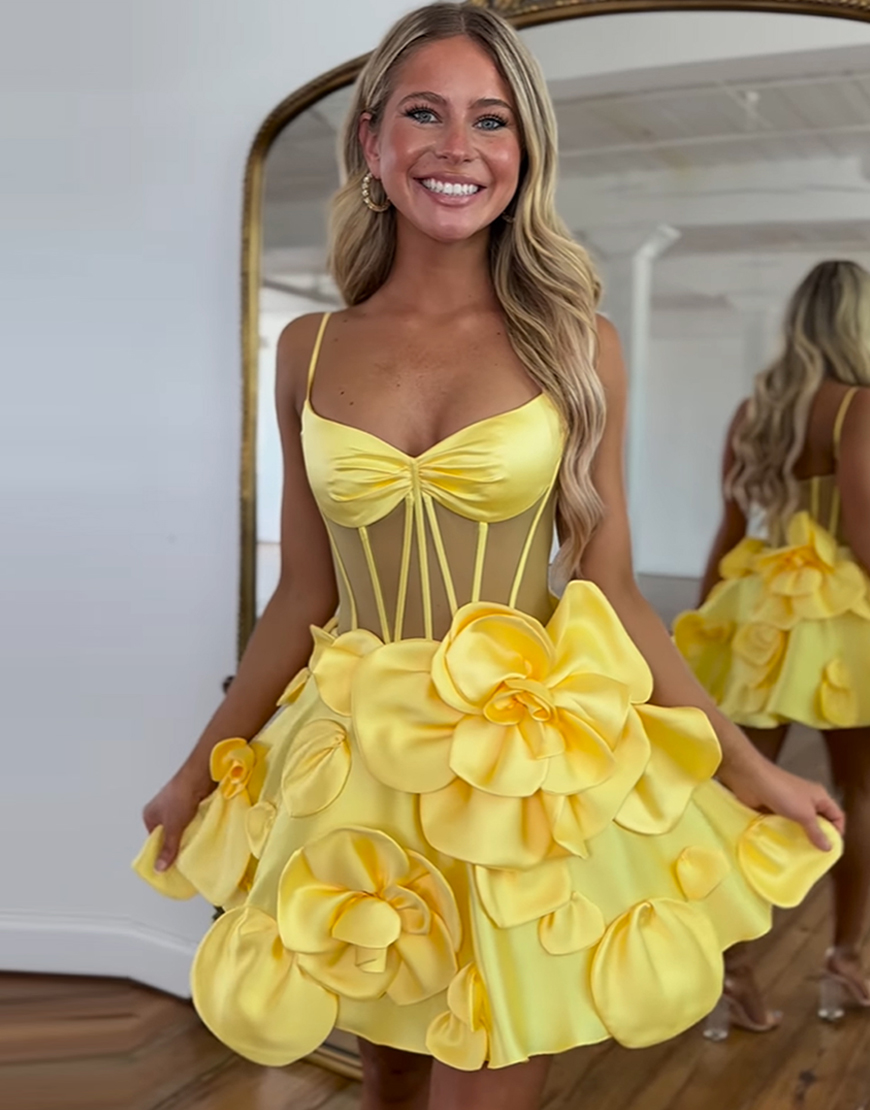 Yellow Corset A-Line Satin Flowers Homecoming Dress