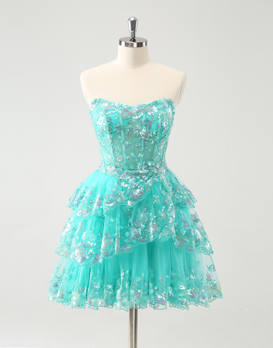 Glitter Green A-Line Tiered Strapless Sequined Homecoming Dress 