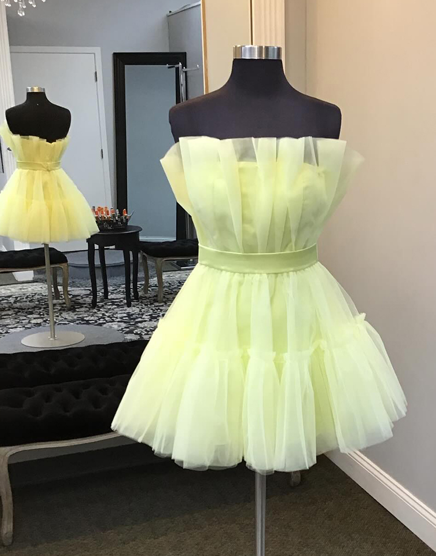 Yellow A-Line Strapless Ruffled Tulle Homecoming Dress 