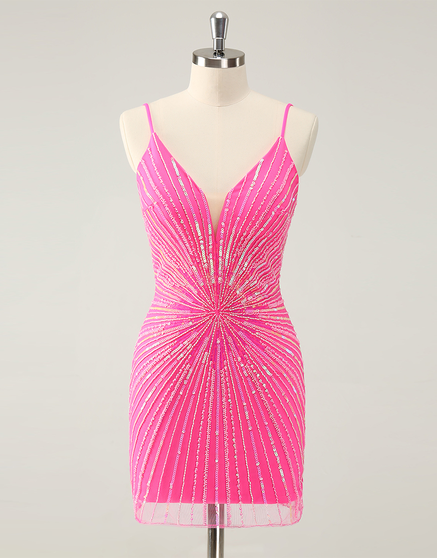 Glitter Red Sequined Tight V-Neck Homecoming Dress 