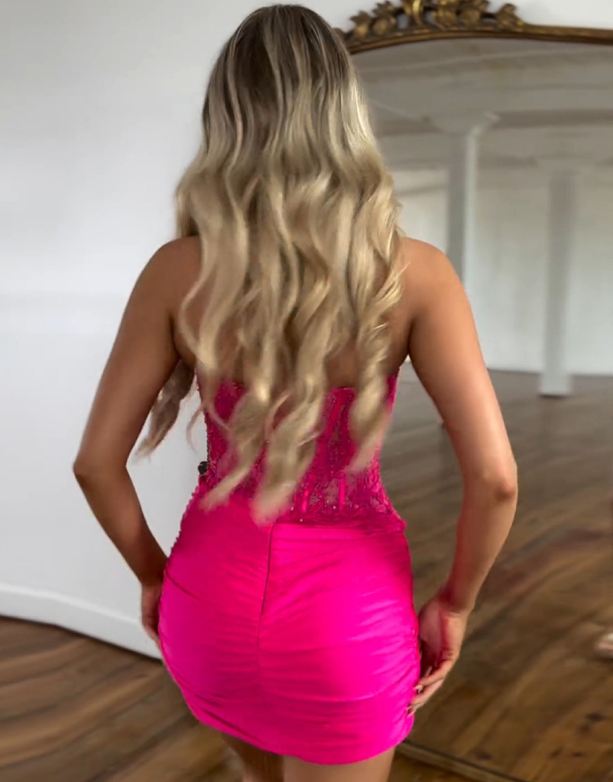 Glitter Fuchsia Beaded Appliques Tight Homecoming Dress 