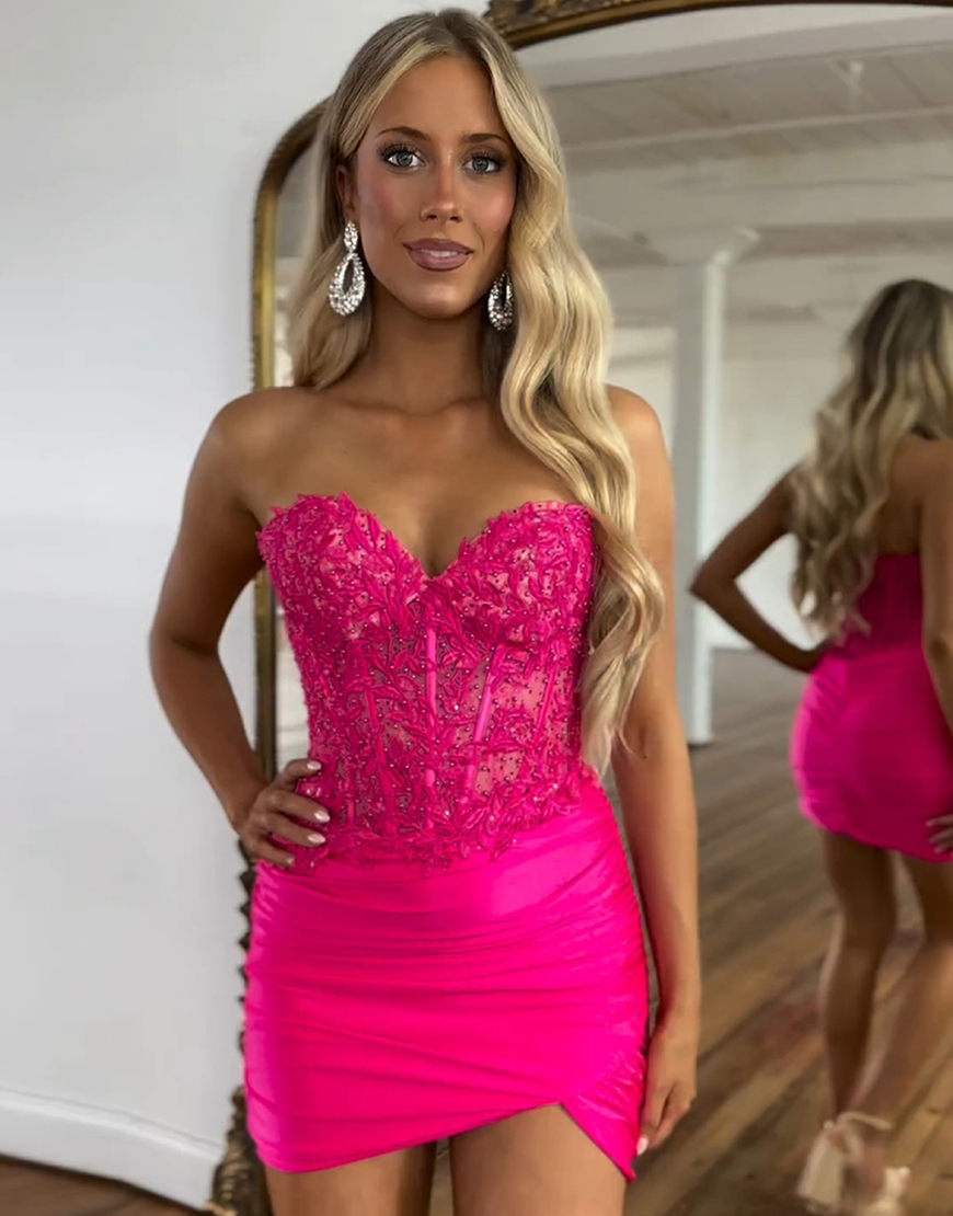 Glitter Fuchsia Beaded Appliques Tight Homecoming Dress 