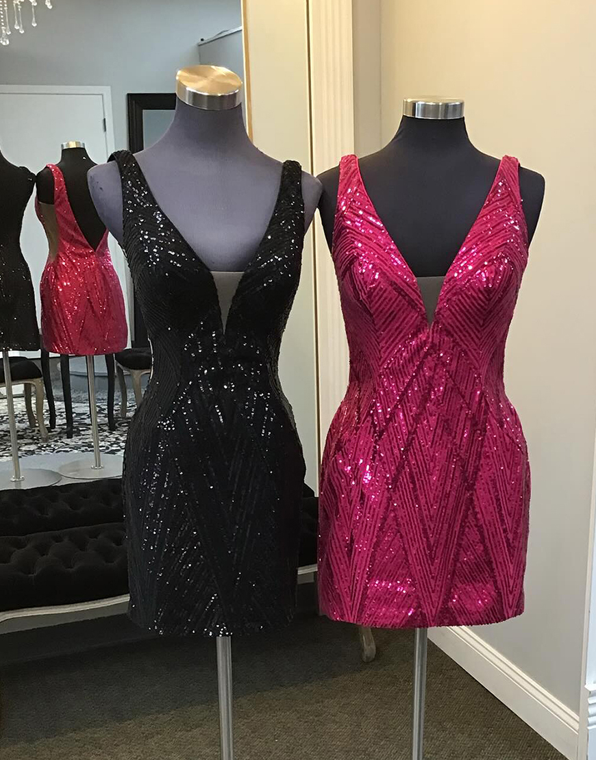 Glitter Black V-Neck Tight Sequins Homecoming Dress 