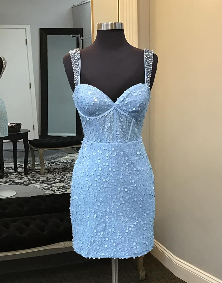 Glitter Blue Beaded Tight Corset Sequins Homecoming Dress 