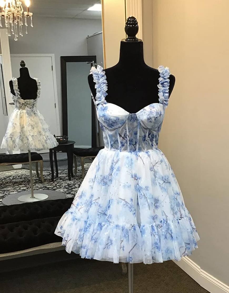 Blue Floral Prints A-Line Ruffled Straps Corset Homecoming Dress 
