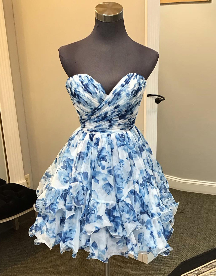 Blue Floral Prints A-Line Sweetheart Homecoming Dress 