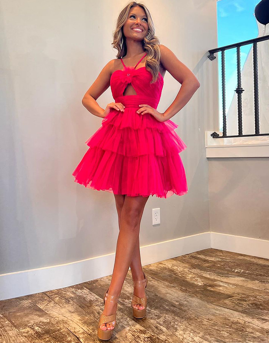 Fuchsia A-line Halter Tiered Tulle Homecoming Dress