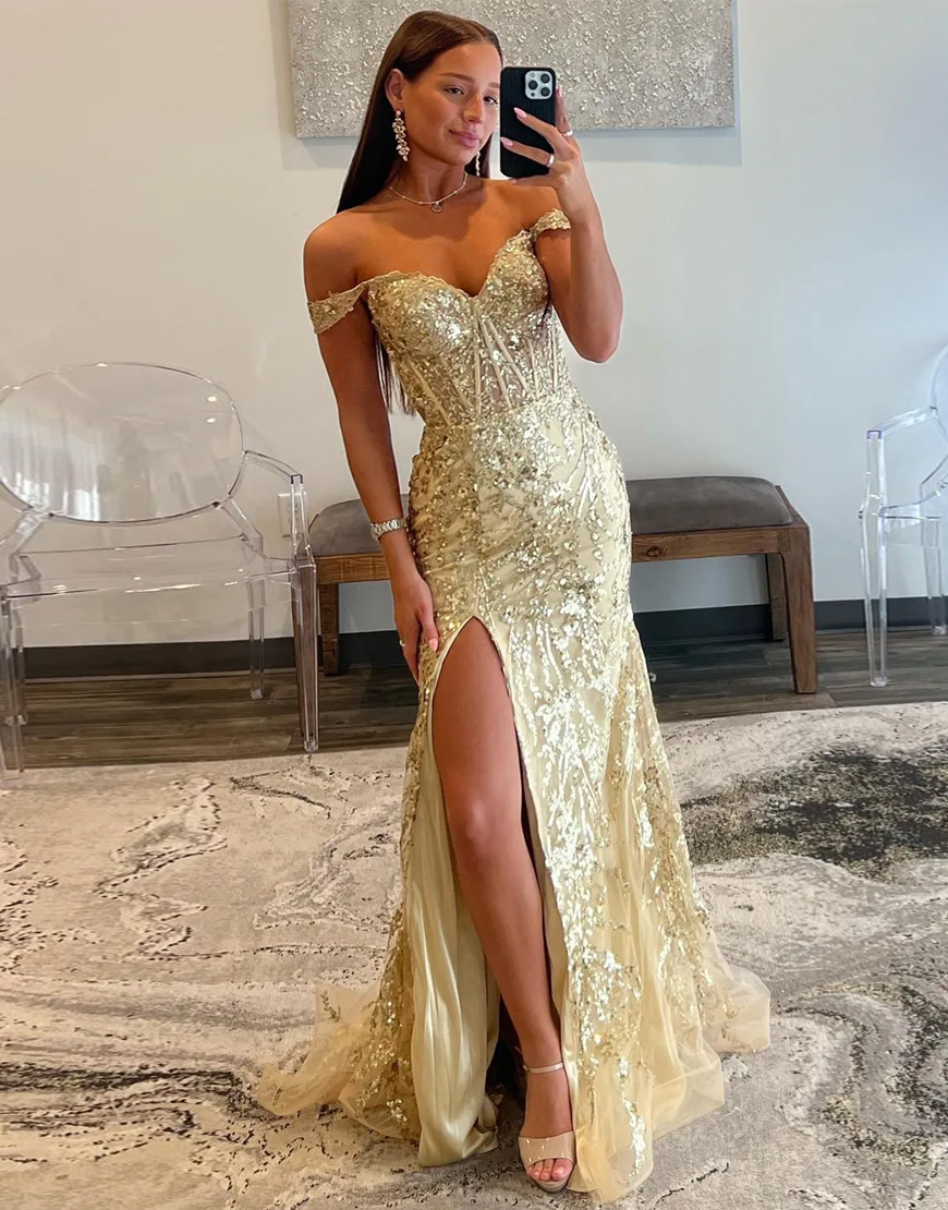 Golden Sparkly Off The Shoulder Mermaid Long Prom Dress with Slit