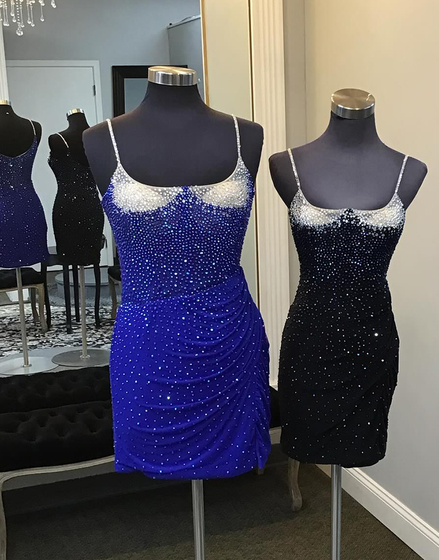 Glitter Royal Blue Beaded Tight Satin Homecoming Dress 