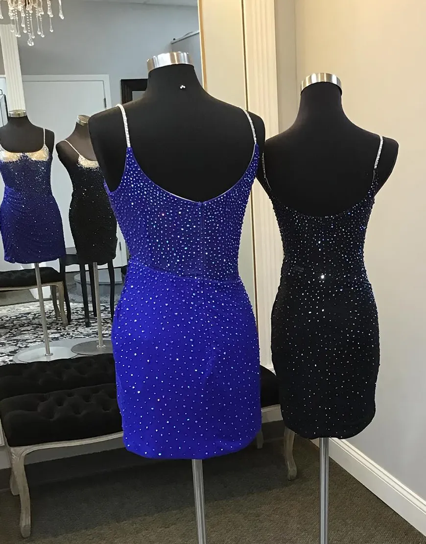 Sparkly Black Beaded Tight Spaghetti Straps Homecoming Dress