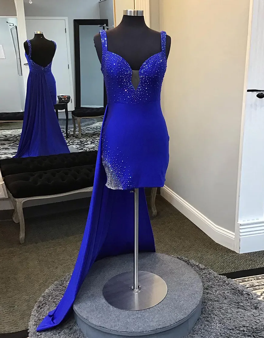Sparkly Royal Blue Beaded Tight Satin Homecoming Dress with Train