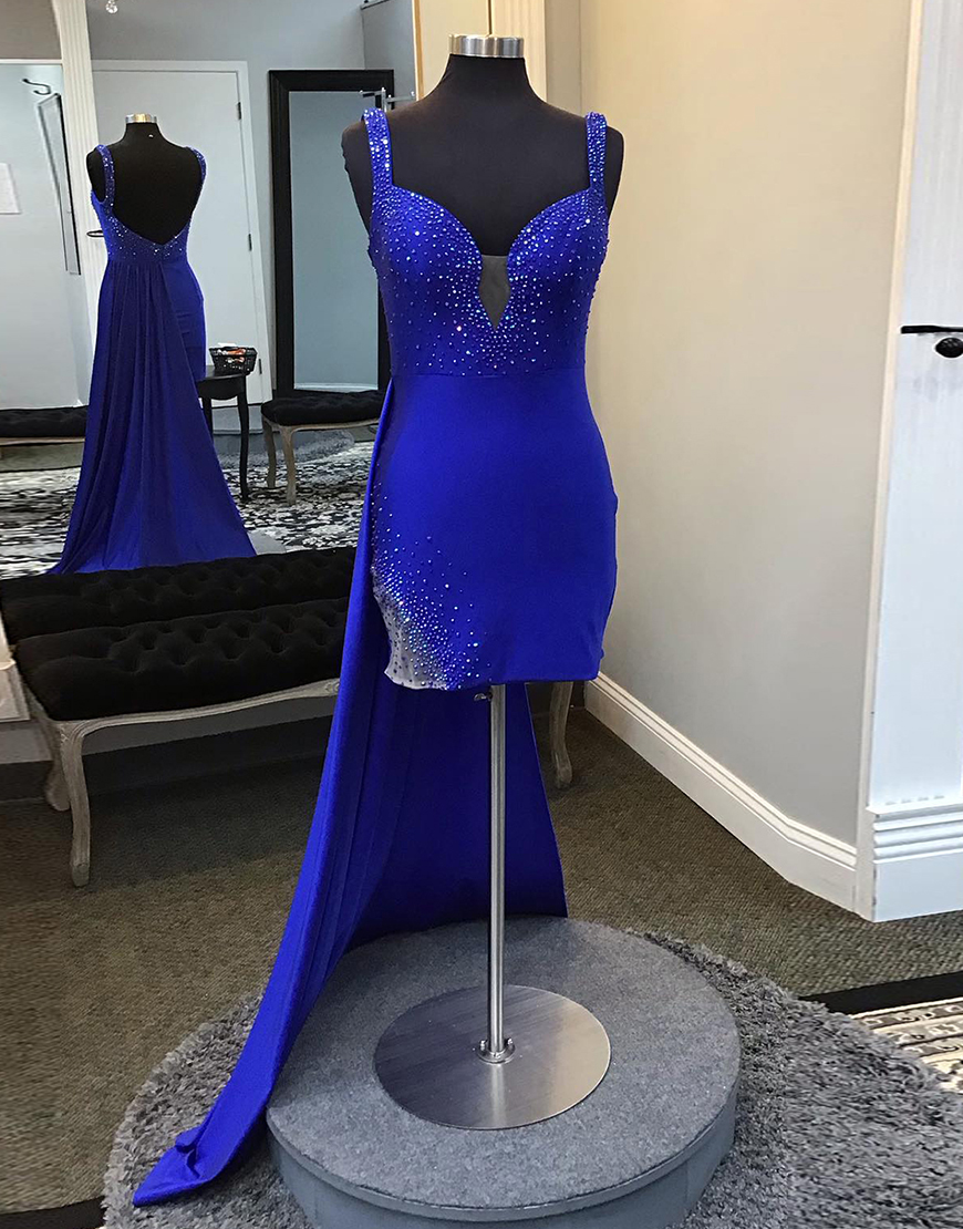 Glitter Royal Blue Beaded Tight Satin Homecoming Dress with Train
