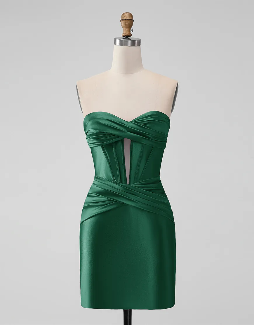 Black Strapless Tight Satin Pleating Homecoming Dress 