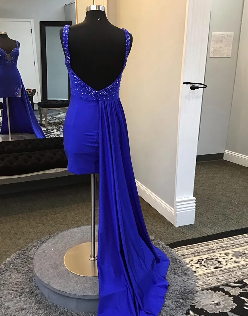 Sparkly Royal Blue Beaded Tight Satin Homecoming Dress with Train