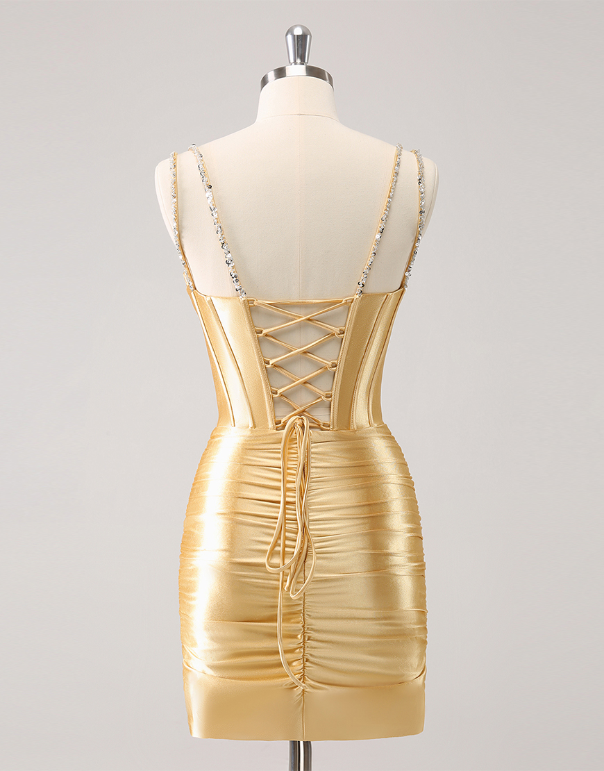 Glitter Golden Tight Beaed Satin Corset Homecoming Dress 