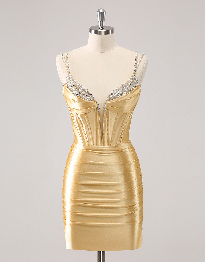 Glitter Golden Tight Beaed Satin Corset Homecoming Dress 