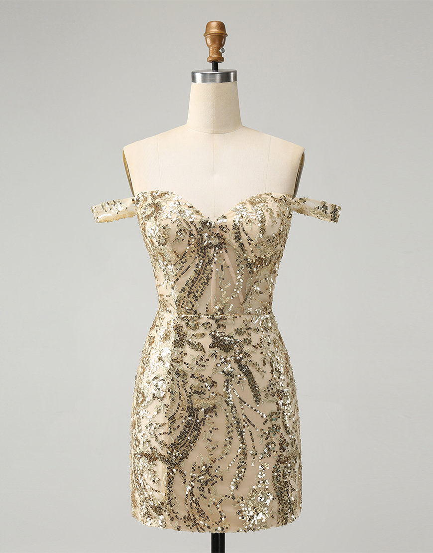 Glitter Golden Tight Off-the-Shoulder Corset Homecoming Dress