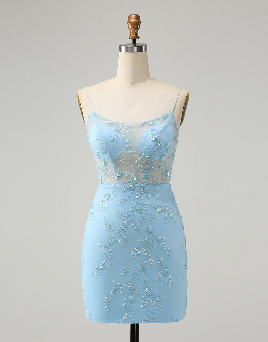 Glitter Blue Spaghetti Straps Tight Beaded Flowers Homecoming Dress 