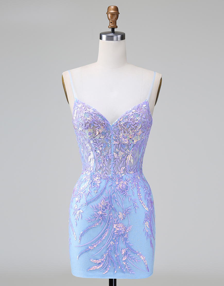 Glitter Blue Tight Sequined Embroideries Homecoming Dress