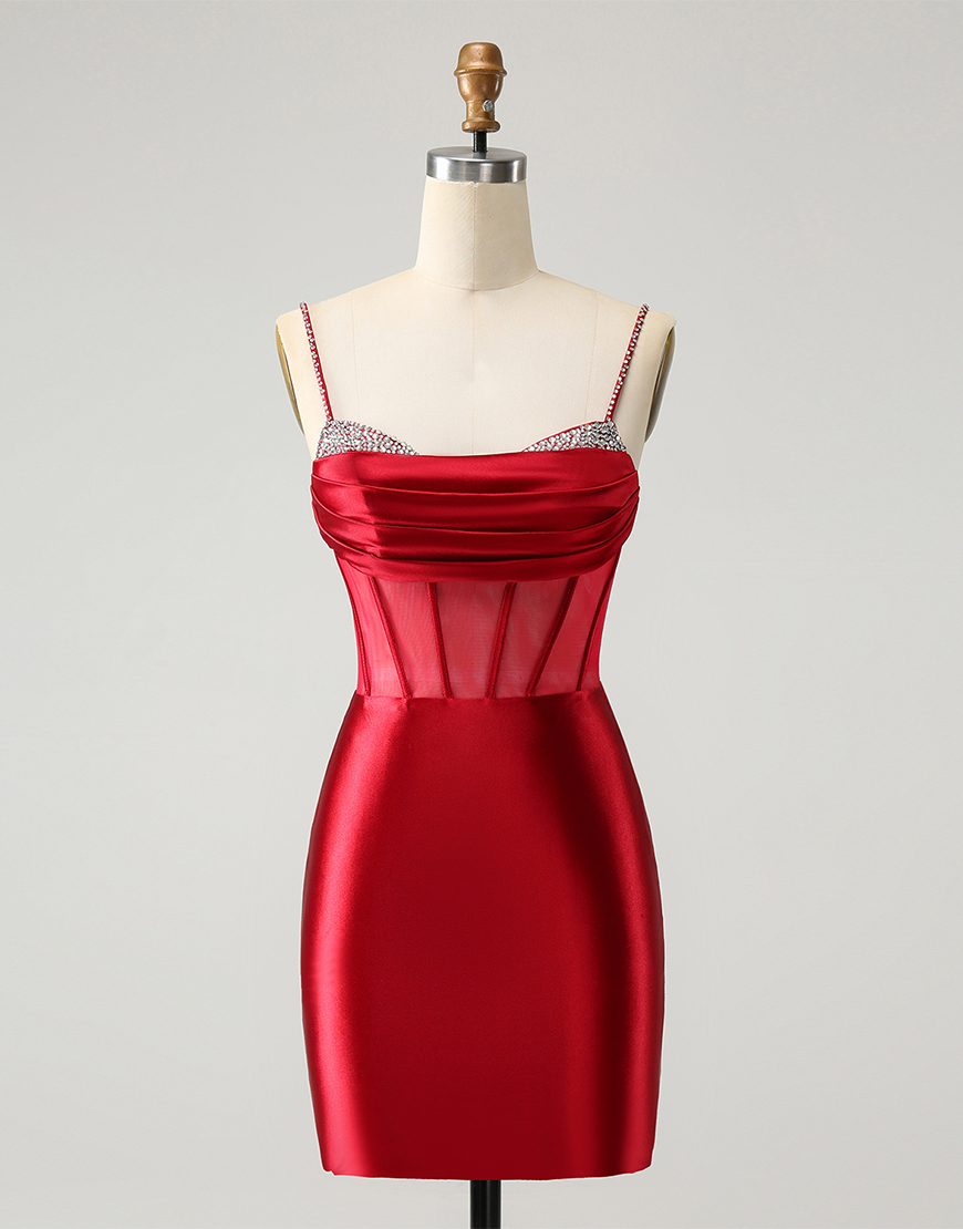 Glitter Dark Red Tight Beaded Corset Satin Homecoming Dress