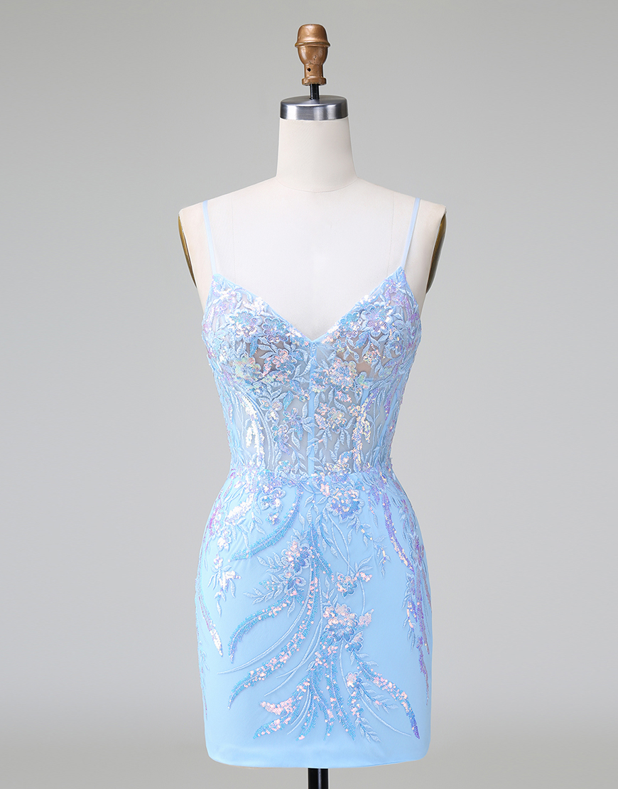 Glitter Blue Tight Sequined Embroideries Homecoming Dress