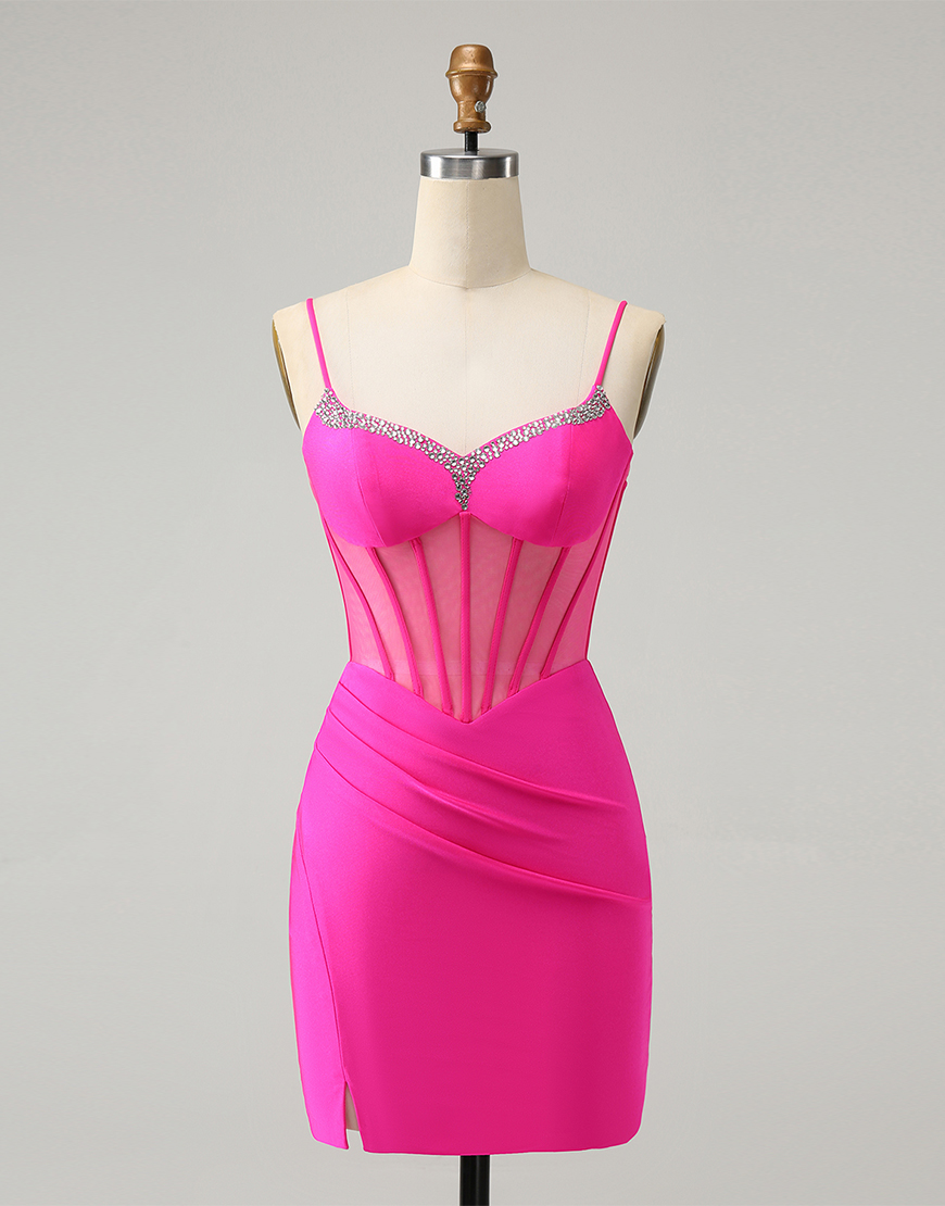 Glitter Fuchsia Beaded Corset Tight Homecoming Dress