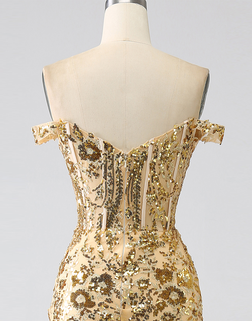 Glitter Golden Off The Shoulder Mermaid Long Prom Dress with Slit