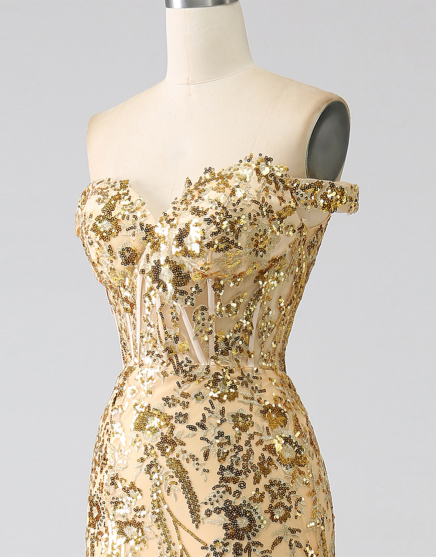 Glitter Golden Off The Shoulder Mermaid Long Prom Dress with Slit