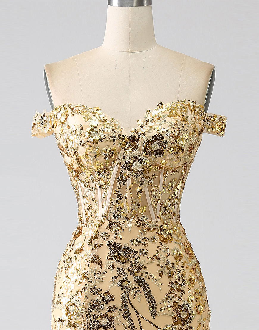 Glitter Golden Off The Shoulder Mermaid Long Prom Dress with Slit