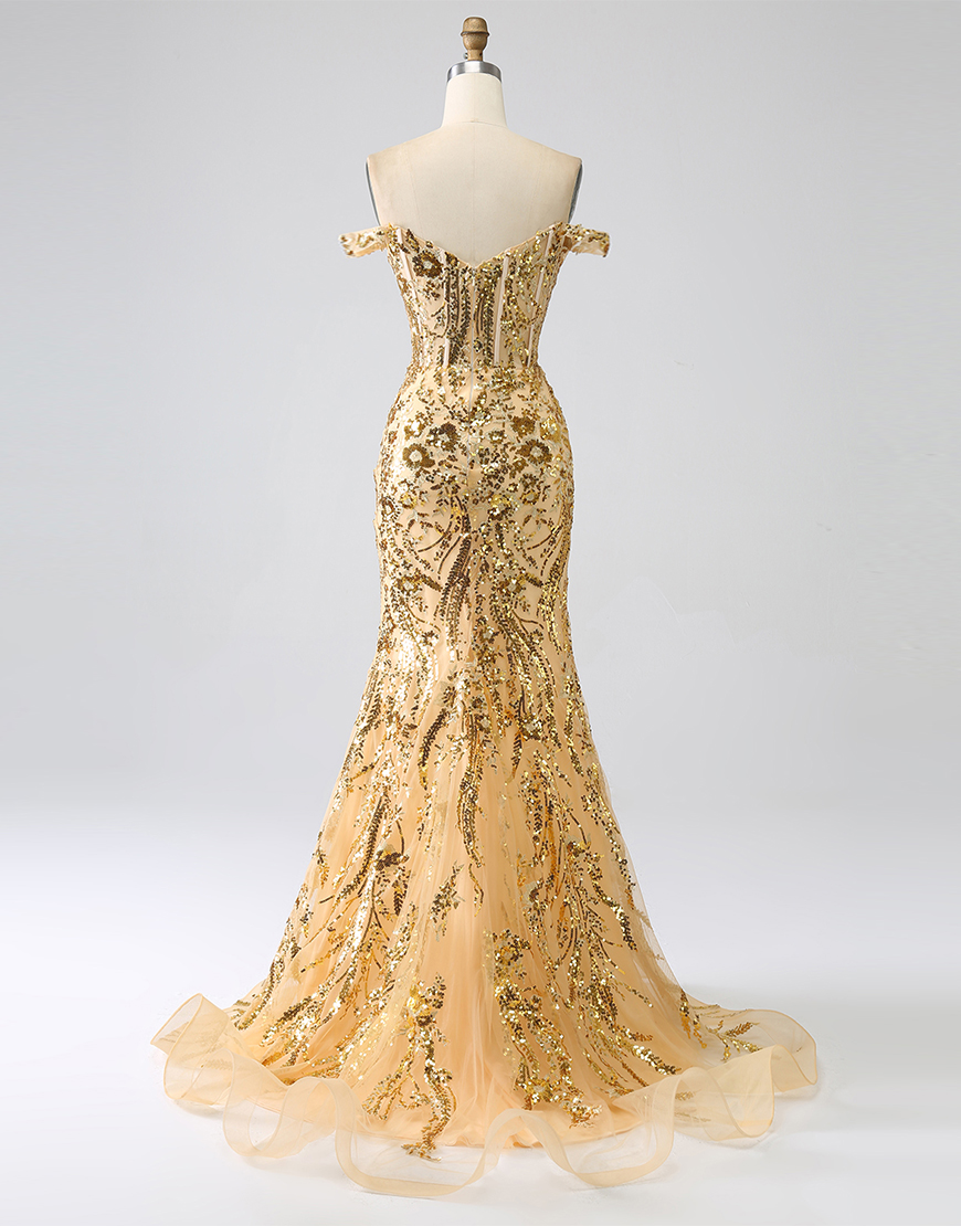 Glitter Golden Off The Shoulder Mermaid Long Prom Dress with Slit