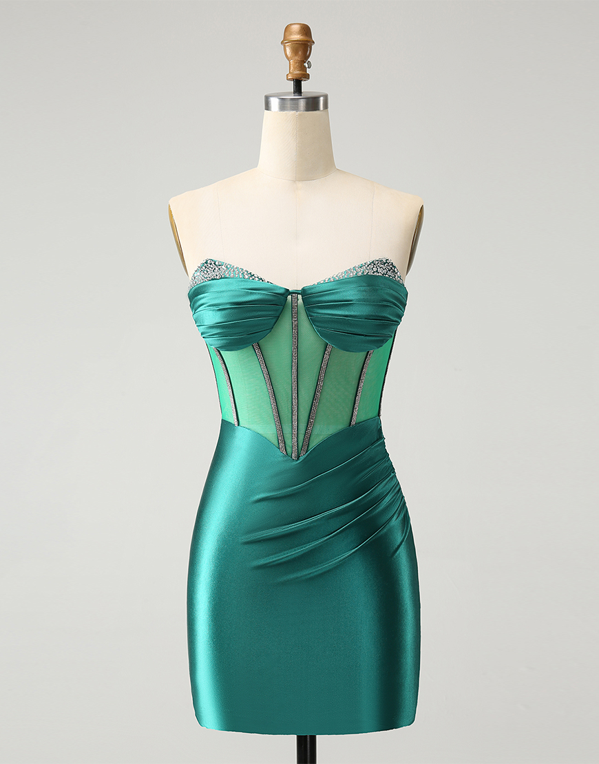 Glitter Dark Green Beaded Corset Satin Homecoming Dress