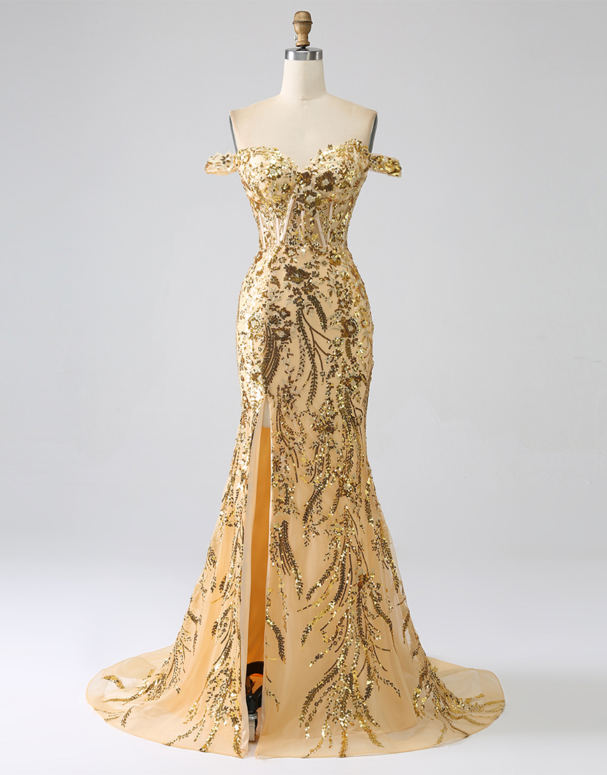 Glitter Golden Off The Shoulder Mermaid Long Prom Dress with Slit