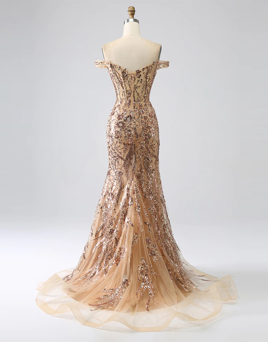 Glitter Golden Off The Shoulder Mermaid Long Prom Dress with Slit