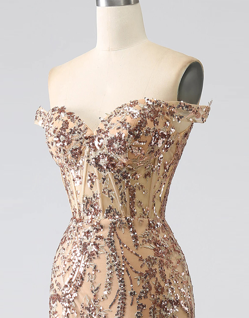 Glitter Golden Off The Shoulder Mermaid Long Prom Dress with Slit