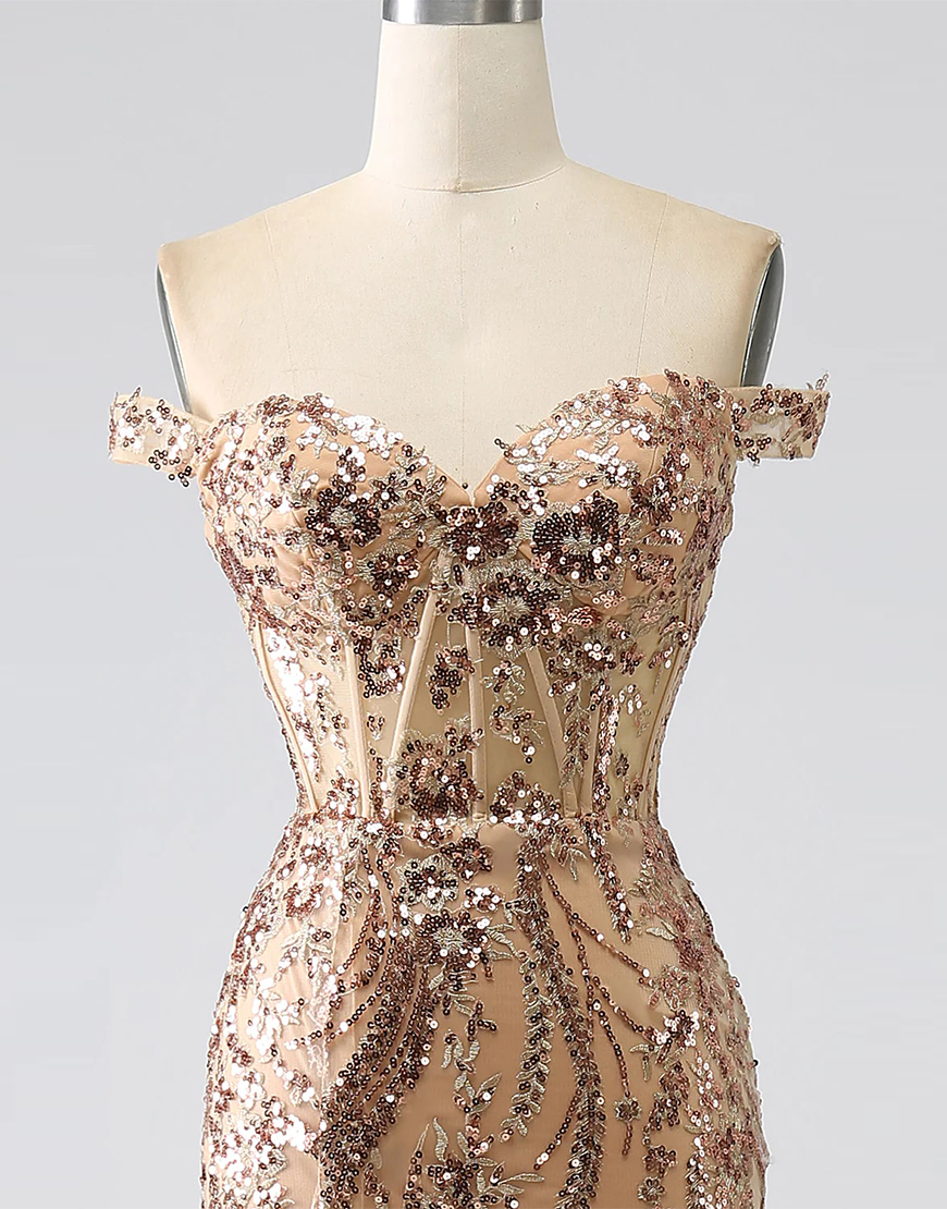 Glitter Golden Off The Shoulder Mermaid Long Prom Dress with Slit