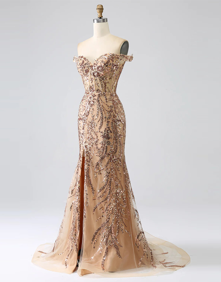 Glitter Golden Off The Shoulder Mermaid Long Prom Dress with Slit
