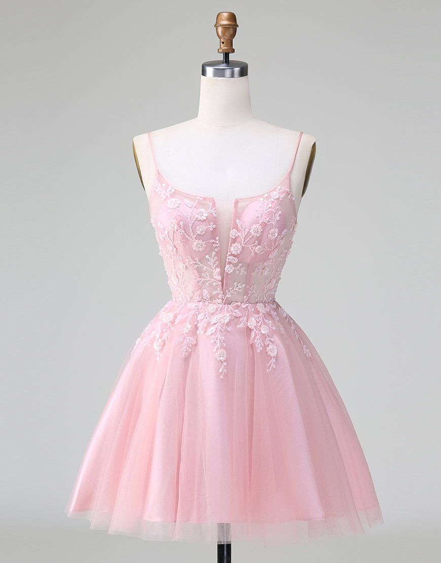 Glitter Blush A-line Homecoming Dress with Flowers 