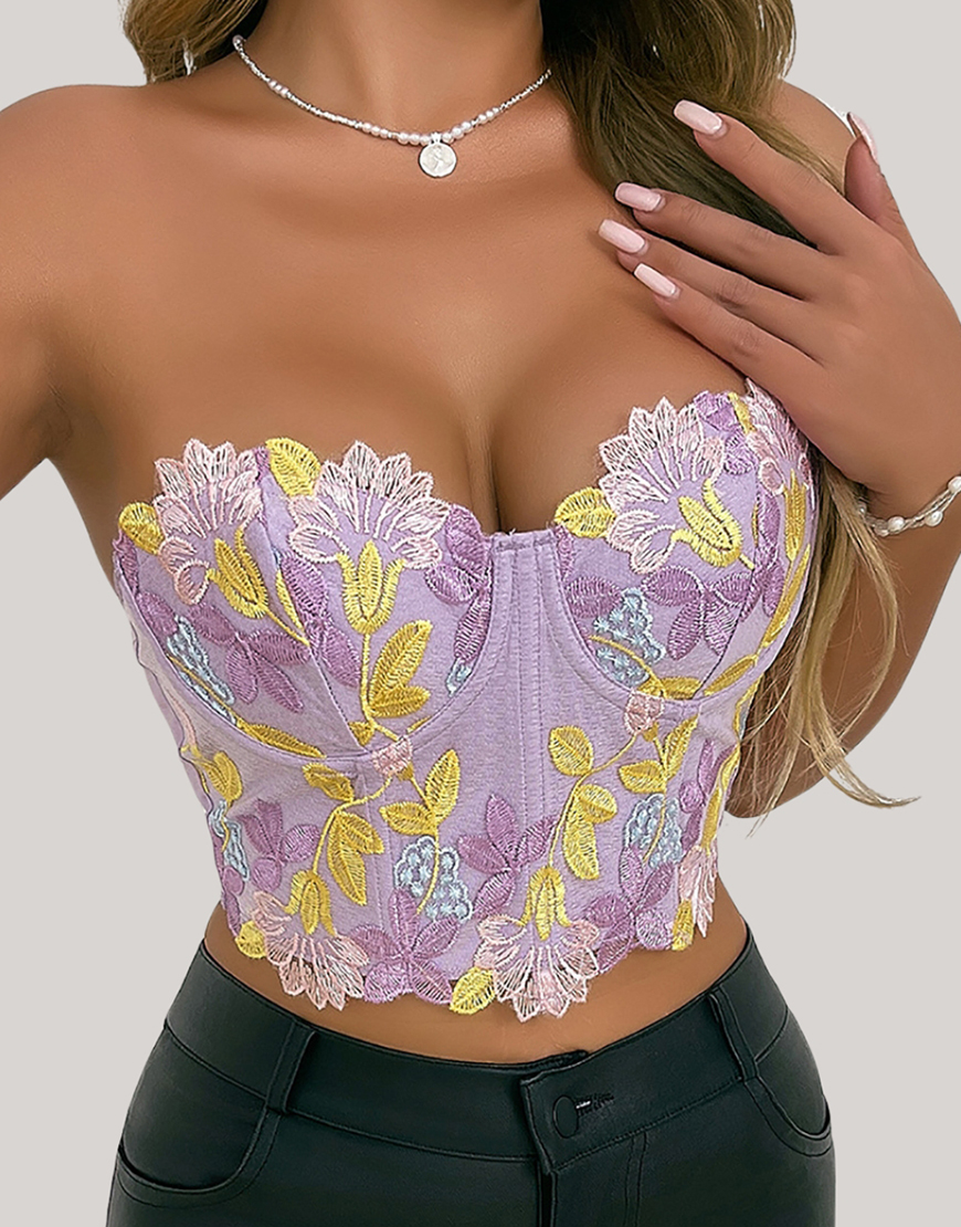 Lilac Strapless Embroidery Corset Bustier Top