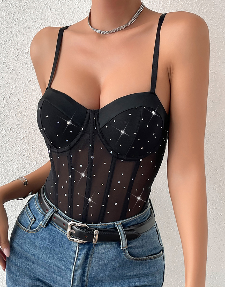 Sparkly Black Beaded Spaghetti Straps Corset Bodysuit