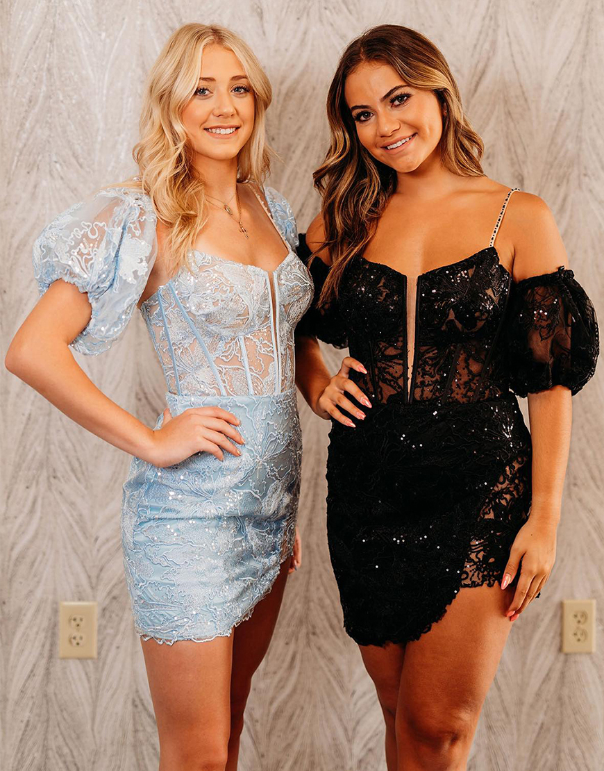 Glitter Black Sequined Appliques Cold Shoulder Tight Homecoming Dress
