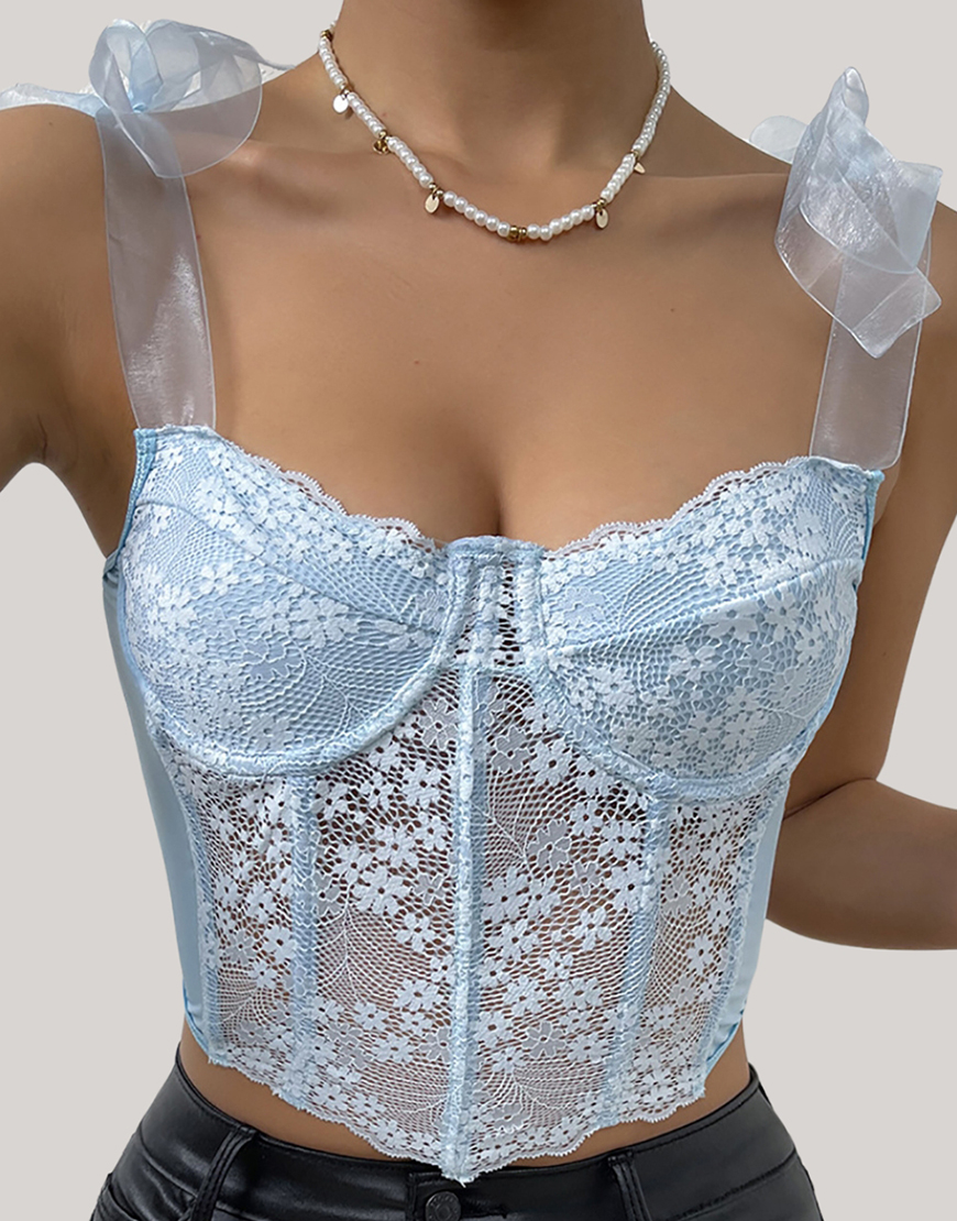 Sky Blue Floral Lace Sheer Straps Corset Bustier Top