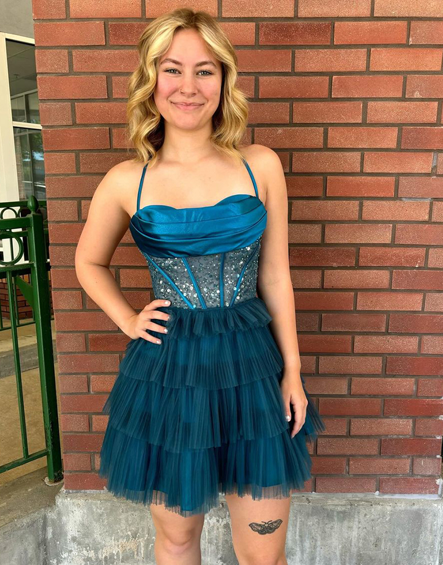 Glitter Peacock Blue A-Line Corset Tiered Homecoming Dress 
