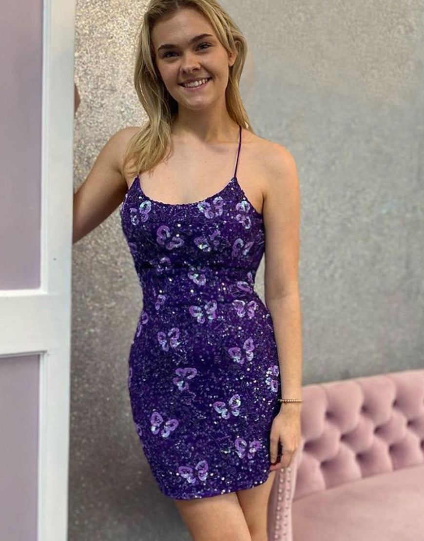 Dark Purple Spaghetti Straps Glitter Homecoming Dress With Butterflies