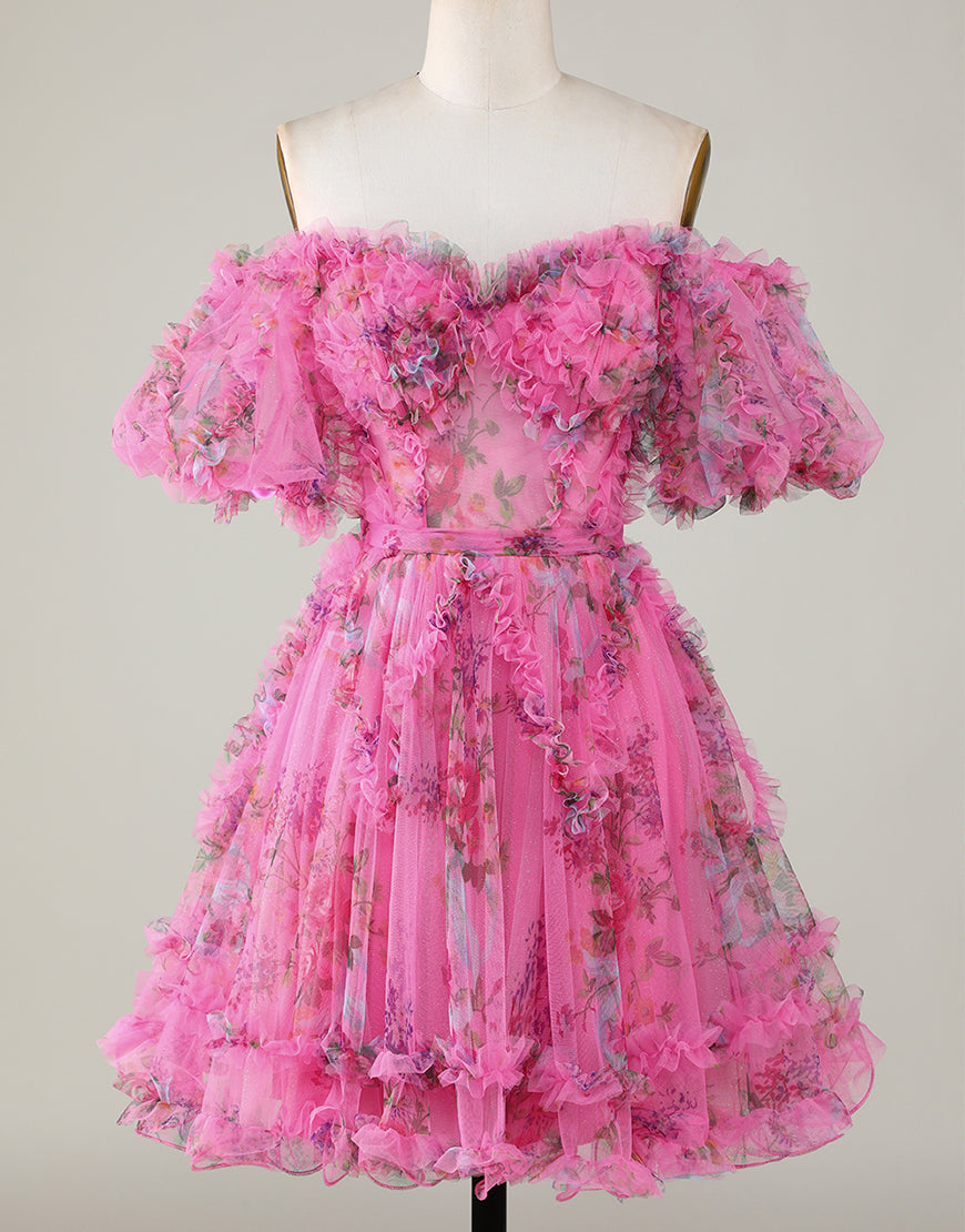 Cute A-Line Off The Shoulder Short Tulle Print Homecoming Dress